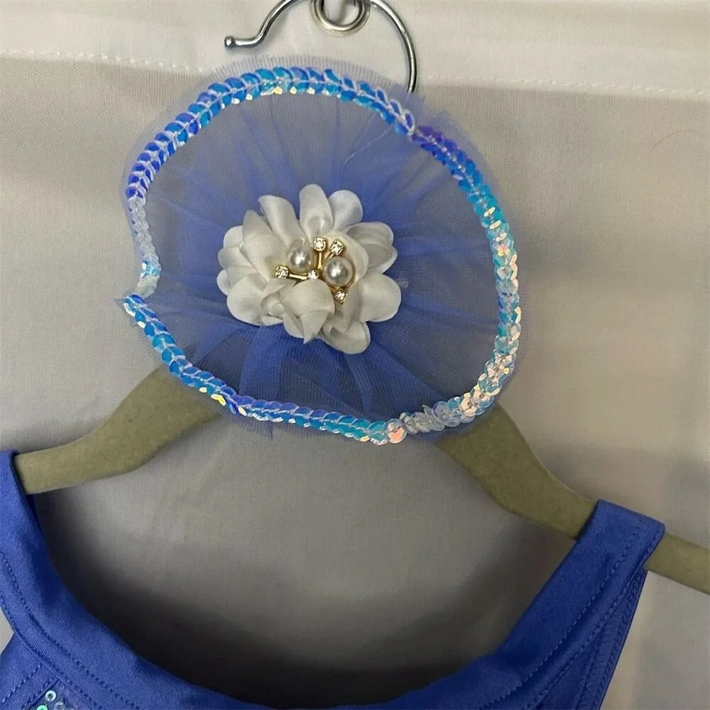 Weissman Dance Costume Kids XSC Blue Sequin Tutu Recital Dress with Hair Piece